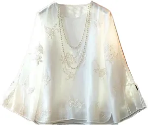 Chinese Style Womens Embroidered Short top Spring Retro Platter Buttonup Shirt Hanfu