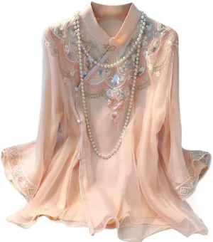 Chinese Style Womens Embroidered Small top Spring Retro Stand Collar tilt Jacket Shirt