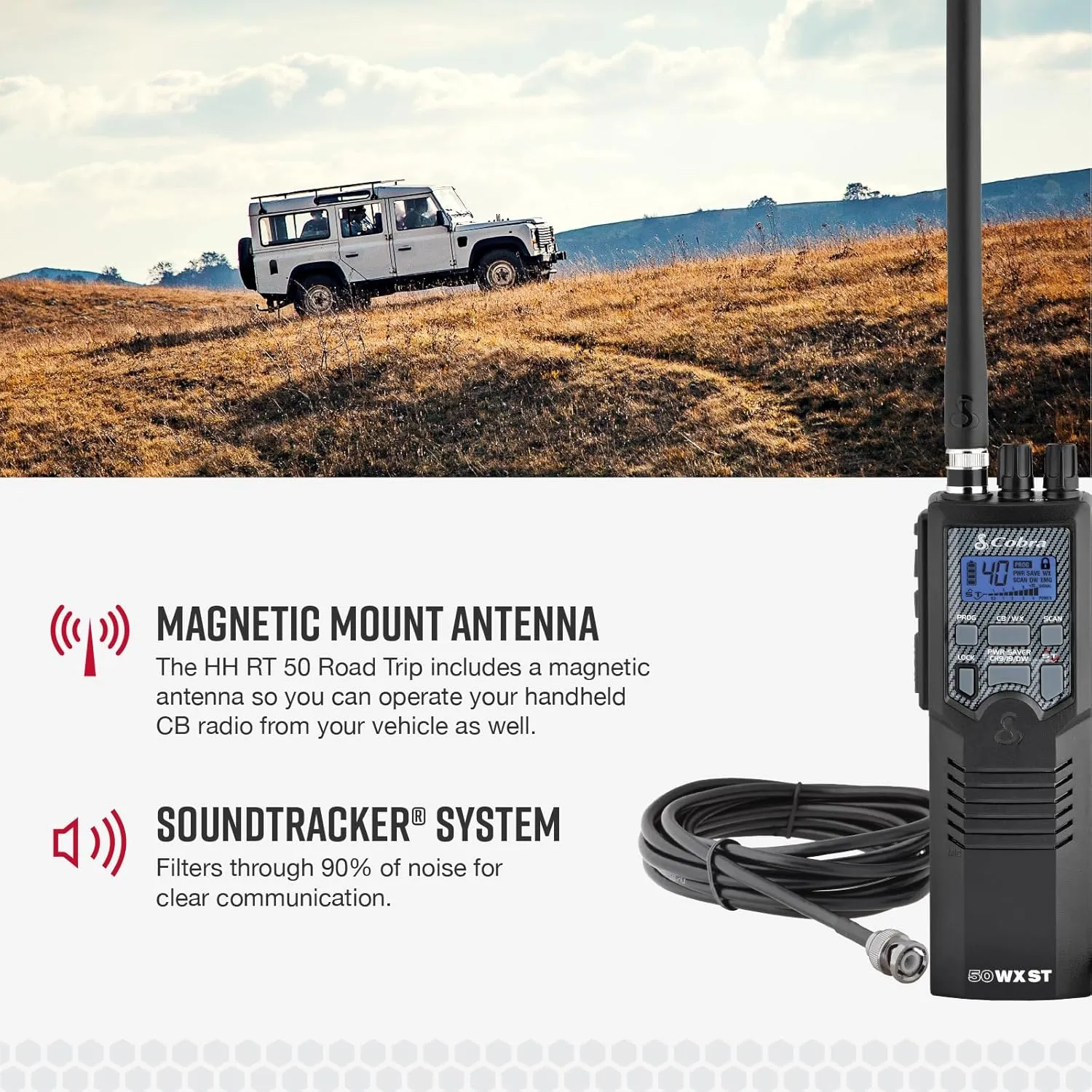 Cobra HHRT50 Road Trip CB Radio - 2-Way Handheld Emergency Radio with Access to Full 40 Channels & NOAA Alerts, Rooftop Magnet Mount Antenna and Omni-Directional Microphone, Black, 6.3" x 2" x 1.75"