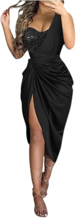 Cocktail Dress for Women,2024 Elegant Sexy Skinny Wedding Guest Dress,Trendy Ruched Slit Irregular Party Dress