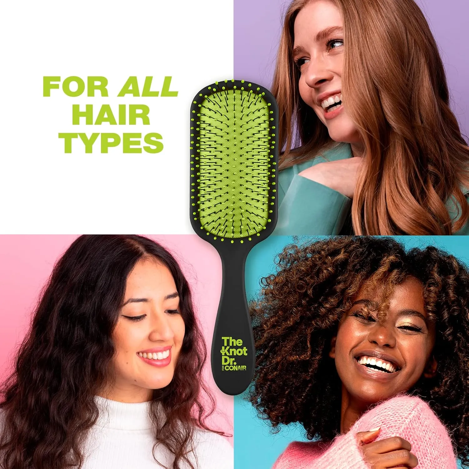Conair The Knot Doctor for Premium Pro Detangling Brush for Wet or Dry Hair with Green Storage Case, Black
