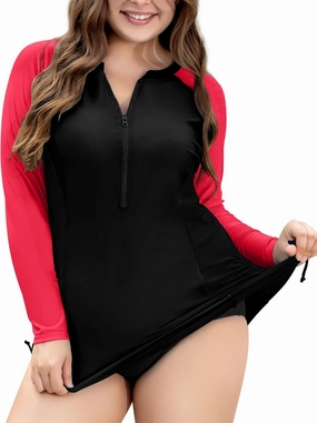COOTRY Womens Plus Size Rash Guard Long Sleeve Swim Shirts UPF 50  Sun Protection Swimsuit Top with Zipper