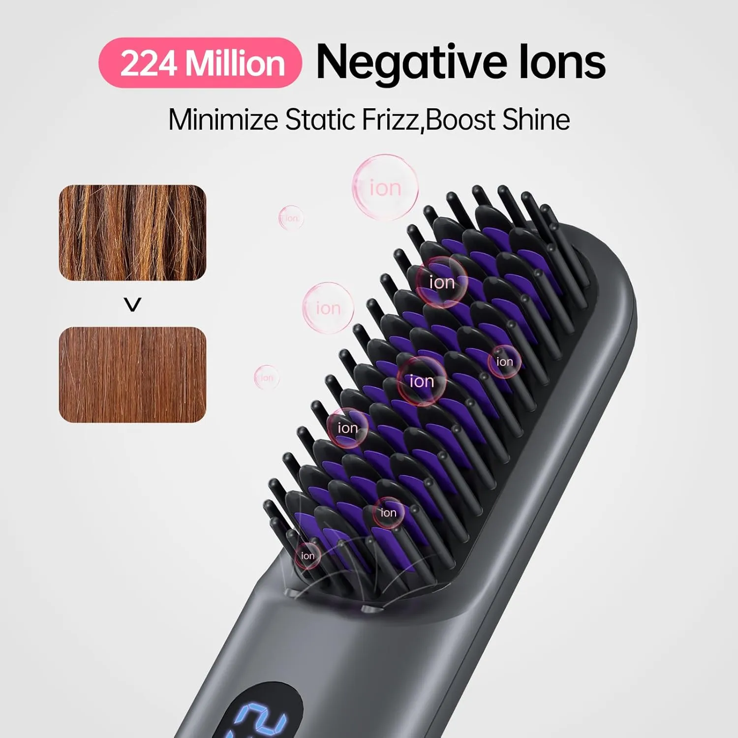 Cordless Hair Straightener Brush-Portable Straightening Comb, 9600mAh Batt, Plasma Tech, 9 Temp-Settings & LED Display, for Travel & Home (Grey)