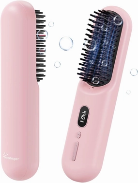 Cordless Hair Straightener Brush with 200 Million Anion, Portable Comb for Travel with LCD Display, 2 Clips - Pink