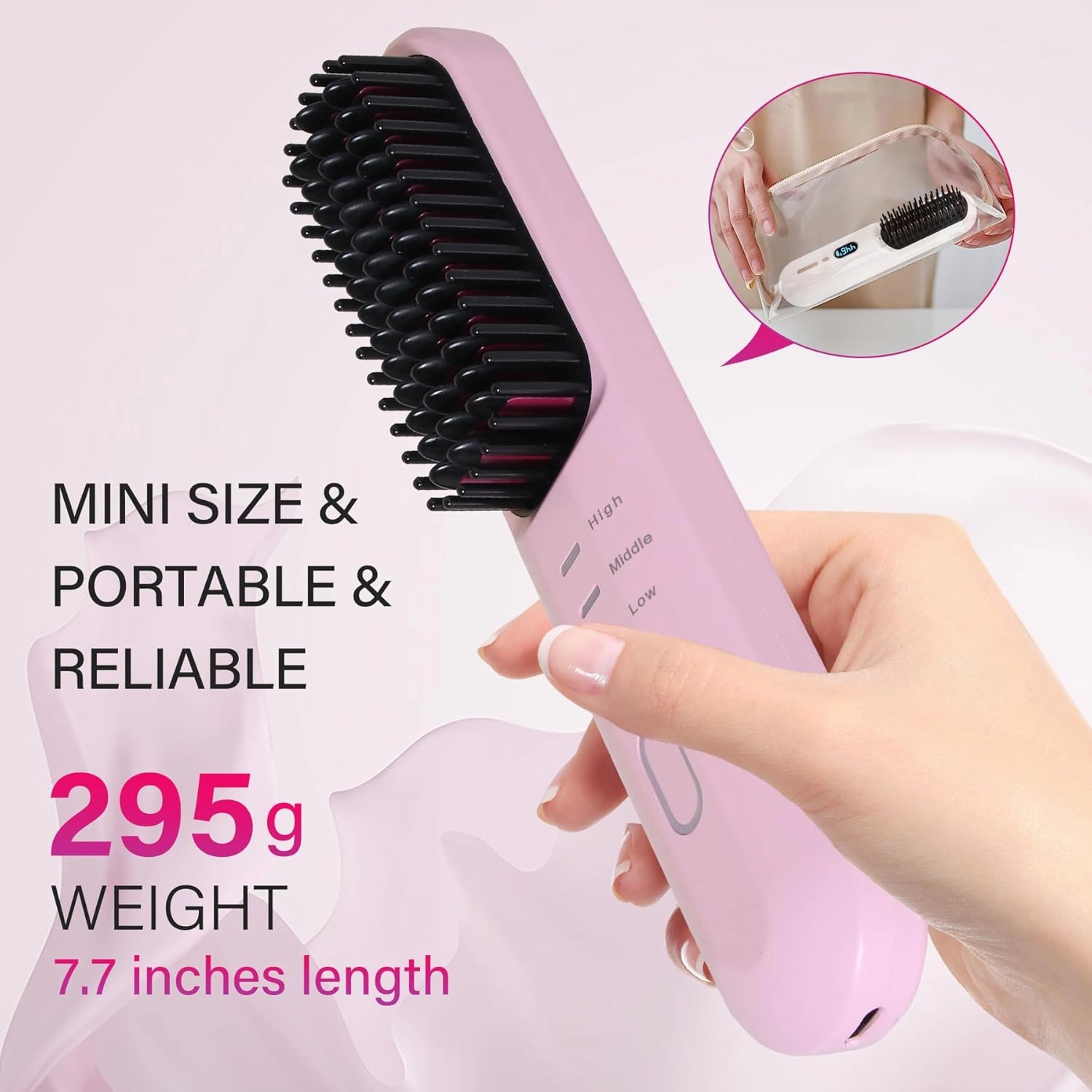 Cordless Hot Hair Brush Straightener Heat Pressing Combs Ceramic Electric Hair Straightening Comb, Anti Burn for Natural Black Hair Beard Wigs Holiday Gifts - Pink (4000mA)