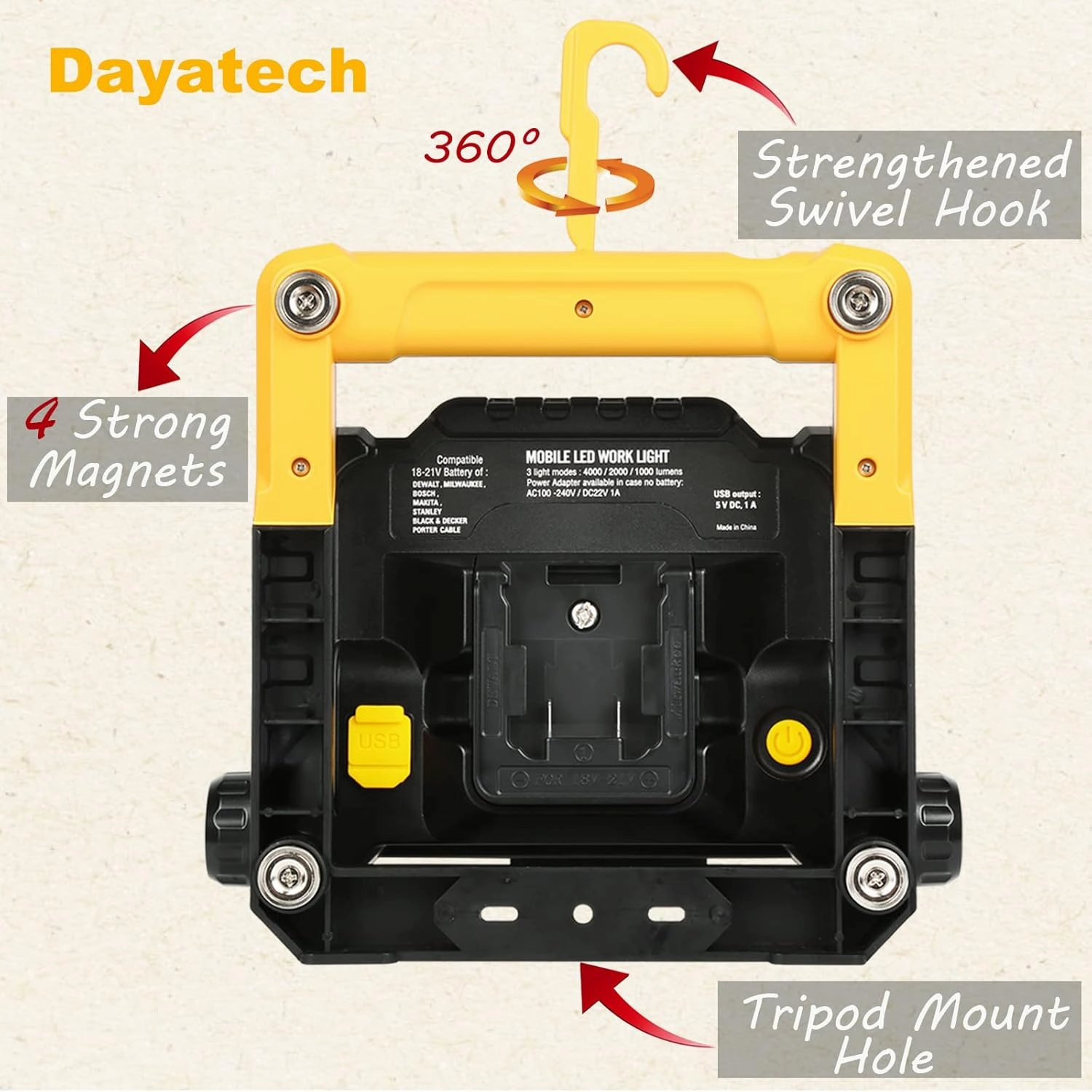Cordless LED Work Light Compatible with Dewalt and Milwaukee 18-20V Battery Flickerless, 4000 LM 25 W Brightness Adjustable, Foldable Base with Magnets, (Light Only/Charger Not Included)