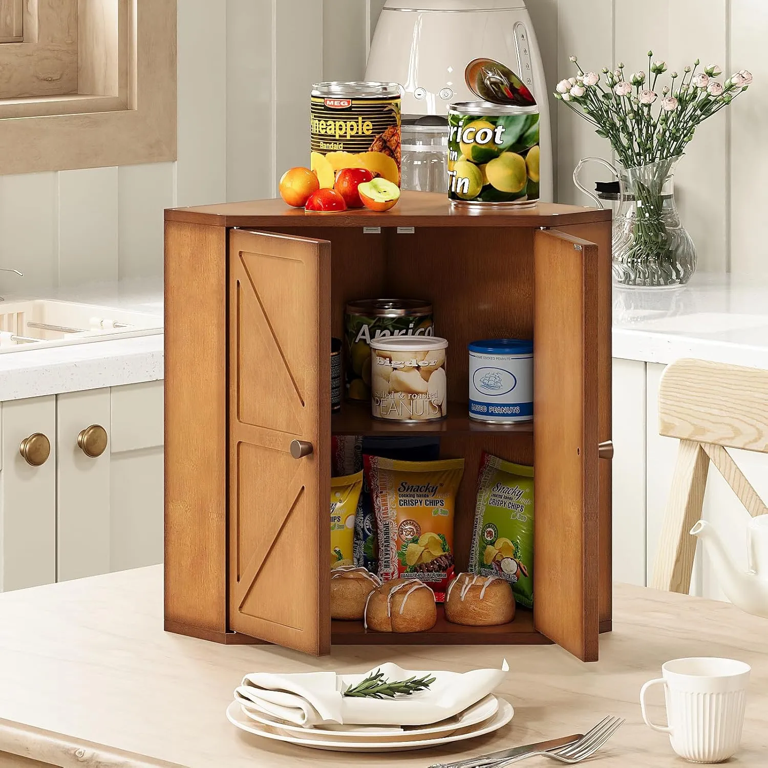 Corner Bread Box for Kitchen Counter Double Layer Bamboo Bread Storage Container Large Capacity Bread Storage Bin Farmhouse Breadbox Organizer (Antique Brown)