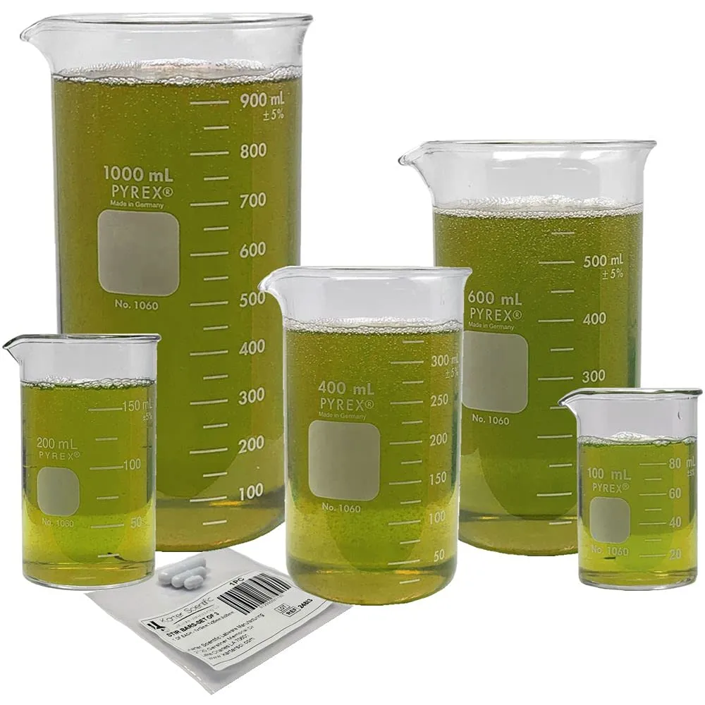 Corning Pyrex #1060 Beaker Set with Magnetic Stir Bars, Berzelius, Tall Form - 5 Sizes - 100, 200, 400, 600, and 1000ml