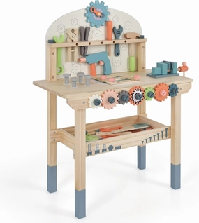 Costzon Kids Tool Bench, Wooden Pretend Workbench w/ 63 Toy Tools and Accessories, Realistic Role Play Construction Building Tool Set, Indoor Outdoor Power Tool Workshop for Boys Girls 3 
