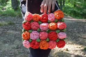 Crochet Tote Bag with Roses Boho Handbag Eco Friendly Cotton Purse Festival Flower Floral Summer Party Gypsy Girlfriend Gift Crossbody