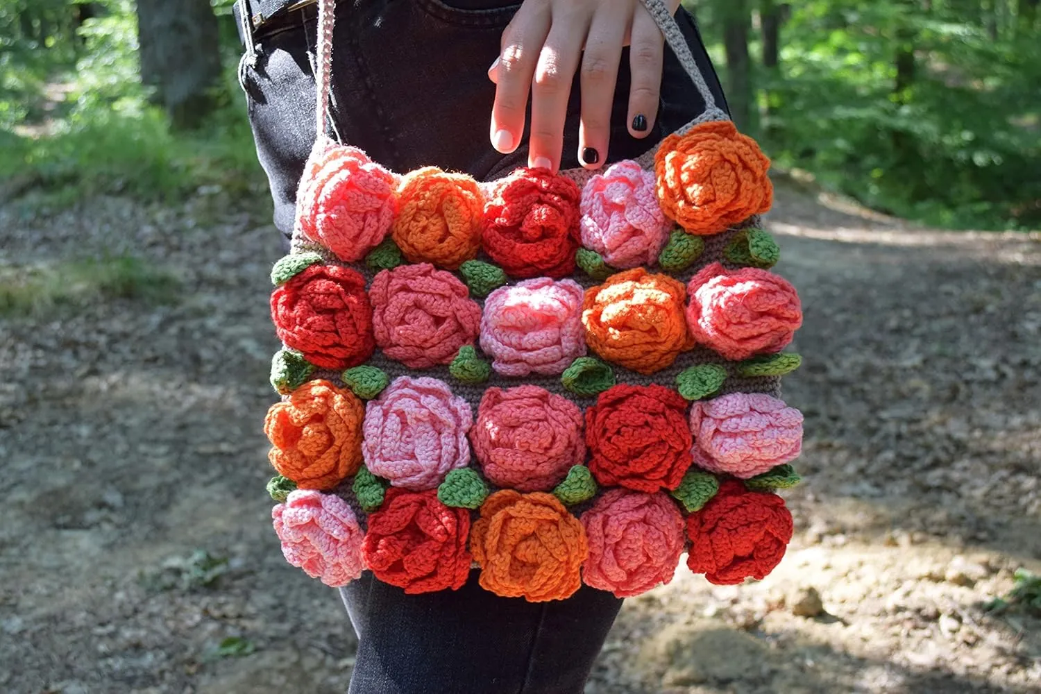 Crochet Tote Bag with Roses Boho Handbag Eco Friendly Cotton Purse Festival Flower Floral Summer Party Gypsy Girlfriend Gift Crossbody