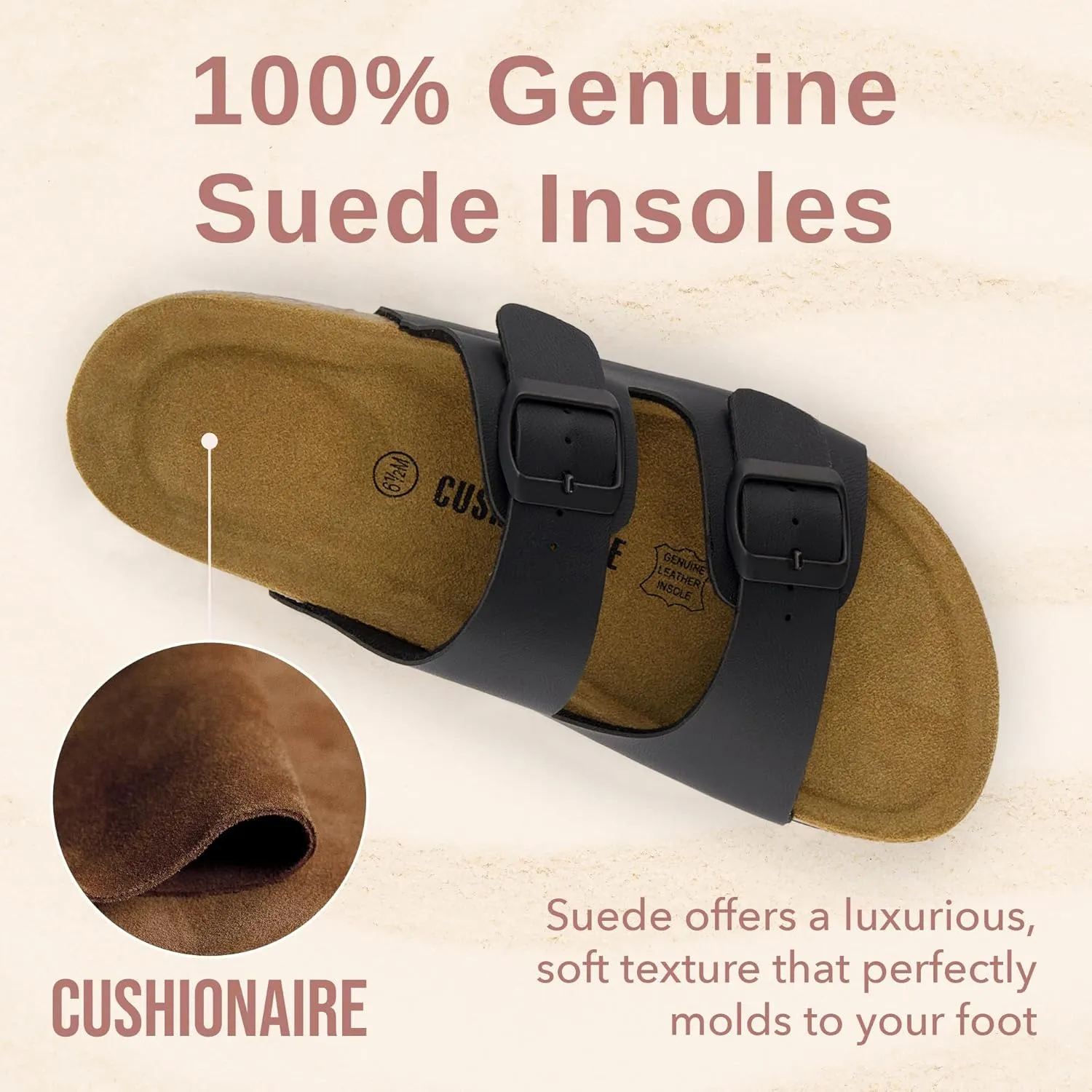 CUSHIONAIRE Lane Cork Footbed Sandals for Women – Comfortable Double Buckle Slip-On with Genuine Suede Footbed & Arch Support Slides for Women Footwear