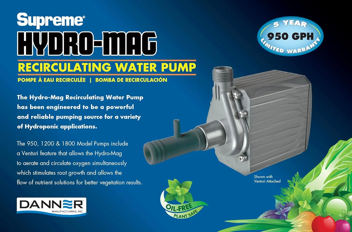 Danner Manufacturing, Inc., Supreme 950 GPH Hydro-Mag, Recirculating Water & Air Pump with Venturi, 40129