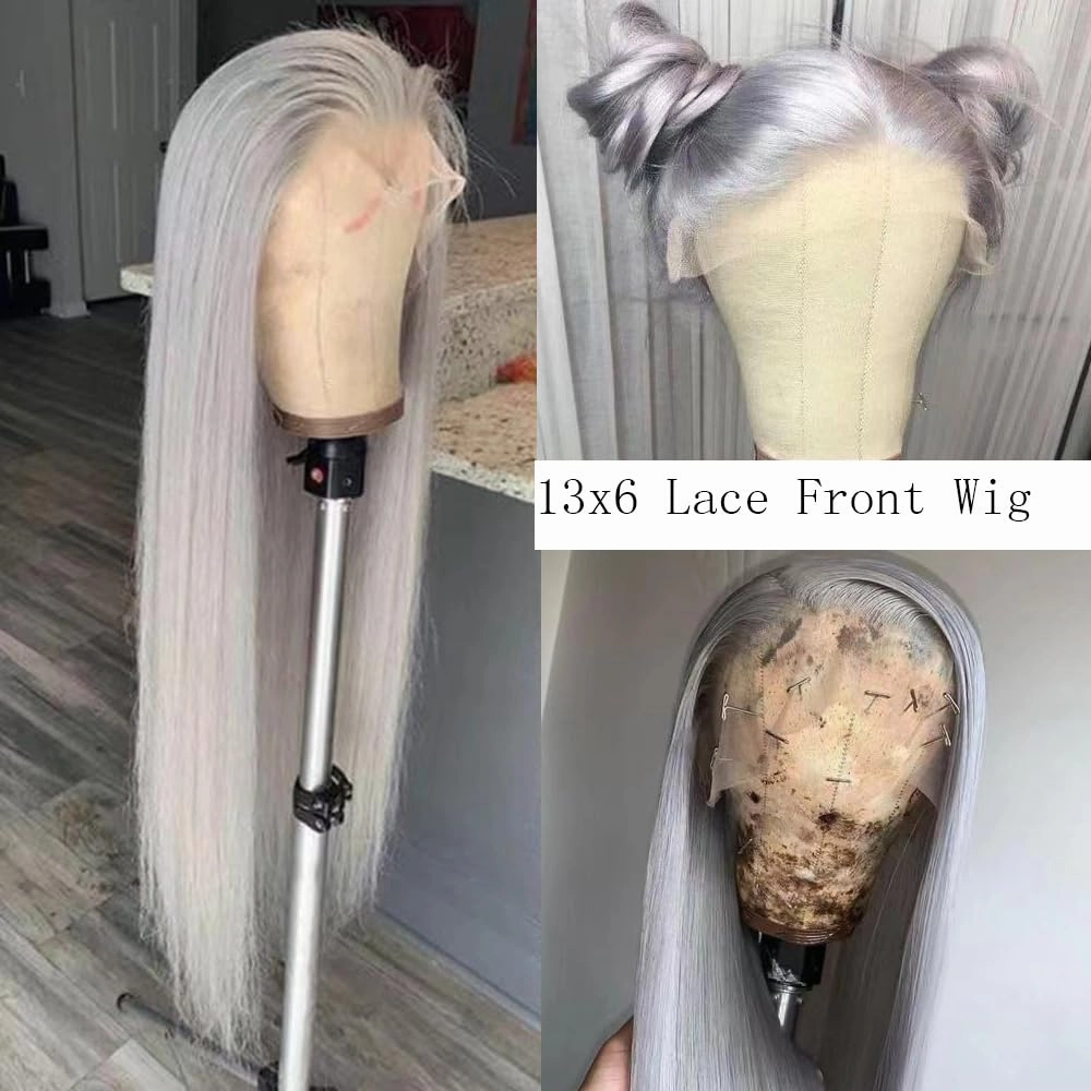 DARKPIG13x6 HD Glueless Lace Frontal Wigs Pre-Plucked, Grey Glueless Synthetic Lace Front Wig Similar Human Hair,Heat Resistant Fiber Hair Wig for Fashion Women 24inch