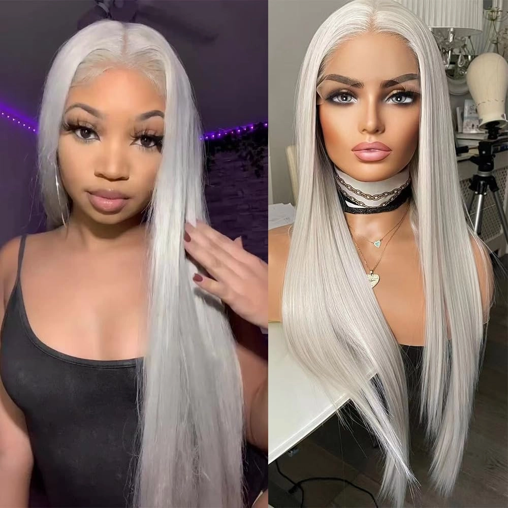 DARKPIG13x6 HD Glueless Lace Frontal Wigs Pre-Plucked, Grey Glueless Synthetic Lace Front Wig Similar Human Hair,Heat Resistant Fiber Hair Wig for Fashion Women 24inch