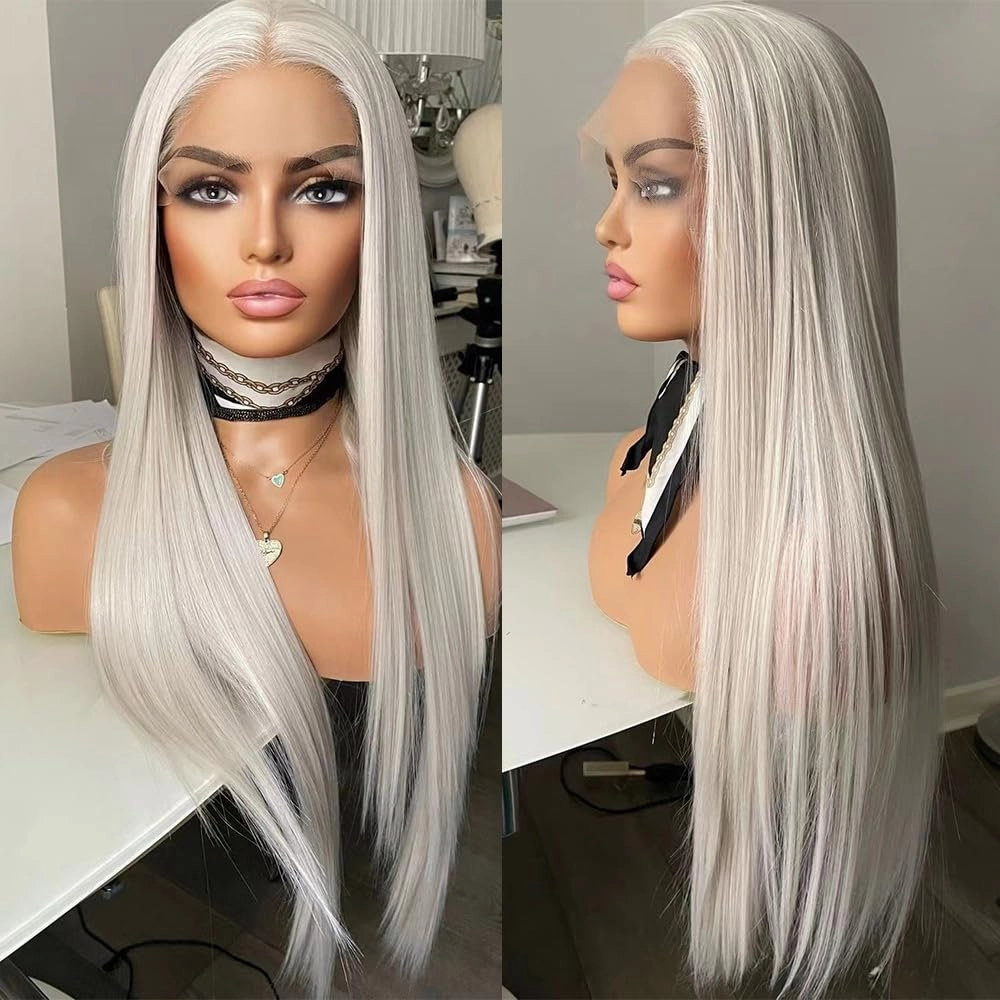 DARKPIG13x6 HD Glueless Lace Frontal Wigs Pre-Plucked, Grey Glueless Synthetic Lace Front Wig Similar Human Hair,Heat Resistant Fiber Hair Wig for Fashion Women 24inch