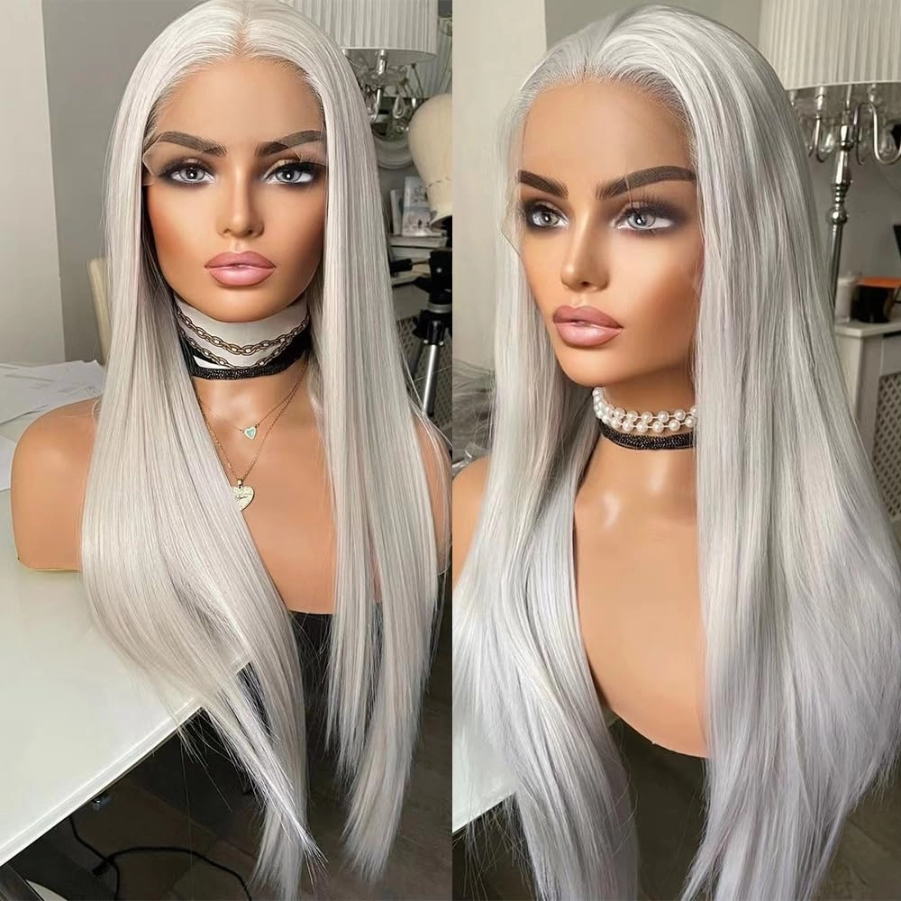 DARKPIG13x6 HD Glueless Lace Frontal Wigs Pre-Plucked, Grey Glueless Synthetic Lace Front Wig Similar Human Hair,Heat Resistant Fiber Hair Wig for Fashion Women 24inch