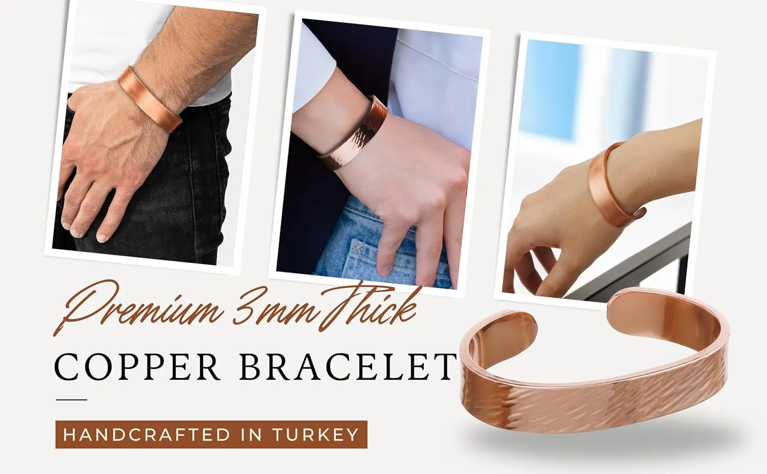 DEMMEX 3mm Thick Copper Bracelet for Men & Women – 100% Pure Solid Turkish Copper Cuff Bangle, Heavy-Gauge & Uncoated, Non-Magnetic – 1/8" Thickness, Thickest of Its Kind