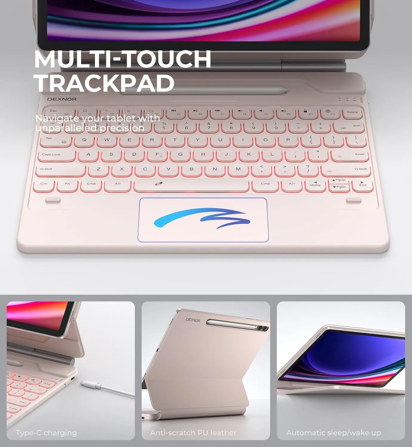 Dexnor for Samsung Galaxy Tab S10  Plus/S9  Plus/S9 FE  Plus/S8  Plus/S7  Plus/S7 FE Case with Keyboard 12.4" Floating Cantilever Magnetic Stand Multi-Touch Trackpad Backlit S Pen Holder - Pink