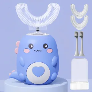 DinoBrush 360° Kids Ultrasonic Toothbrush with 5 Brush Head, LulaBini Dino Brush, IPX7 Waterproof Design, LulaBini Toothbrush, U-Shaped Electric ToothBrushs for Children 2-12 Age (Blue, 2-6 Age)