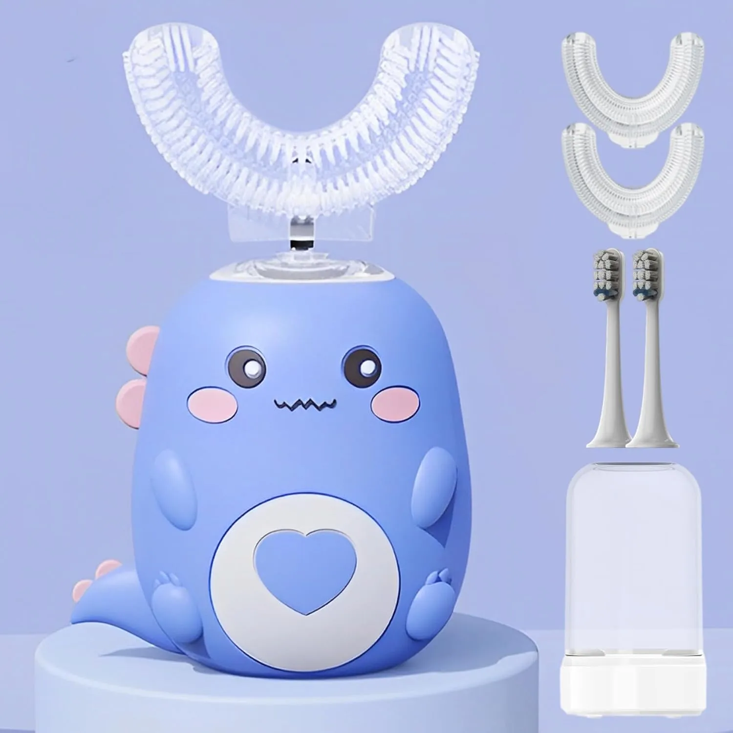 DinoBrush 360° Kids Ultrasonic Toothbrush with 5 Brush Head, LulaBini Dino Brush, IPX7 Waterproof Design, LulaBini Toothbrush, U-Shaped Electric ToothBrushs for Children 2-12 Age (Blue, 2-6 Age)