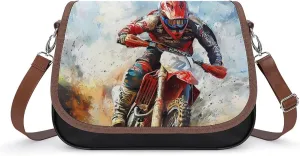 Dirt Bike Rider Motorcycle Crossbody Bags for Women Flapover Leather Shoulder Handbag Adjustable