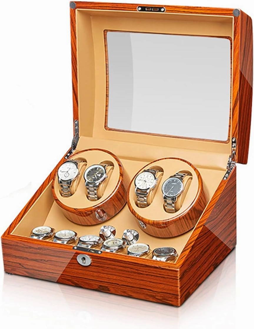 Display Box Automatic Watch Winder for Men' s and Women' s Watch with Quiet Mabuchi Motor and Flexible Watch Pillow 4 Rotation Mode Setting Wood Shell Piano Finish