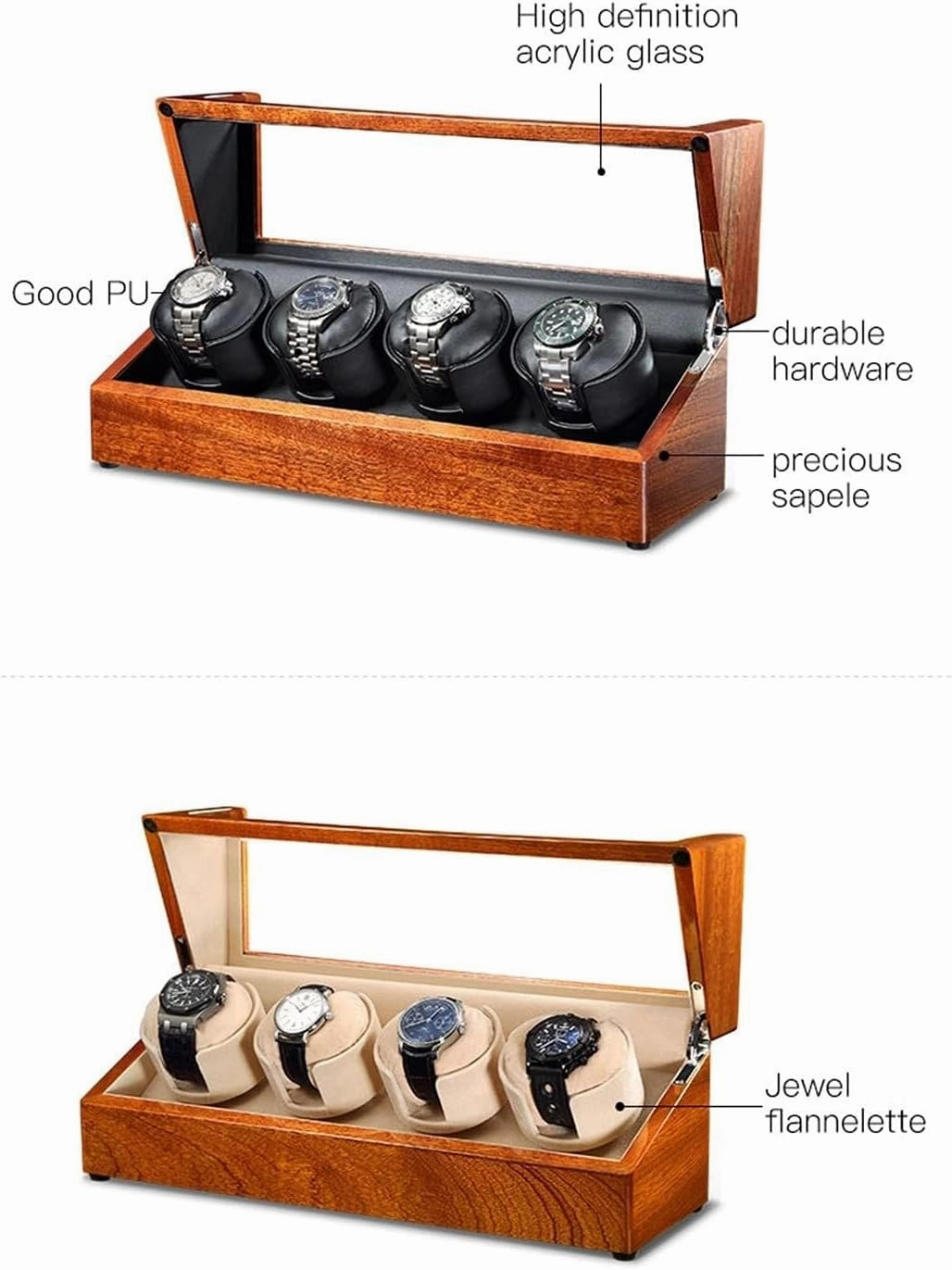 Display Box Automatic Wood Watch Winder for 4 Storages with Soft Flexible Watch Pillow Quiet(Black)