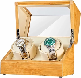 Display Box Double Watch Winder for Automatic Watches Bamboo Wood Shell Quiet Japanese Flexible Watch Pillows Fit Lady and Man Watches