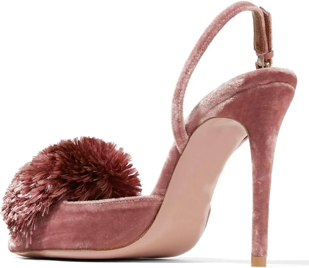 Divanne Pumps for Women,Puff Pompom High Heels Pointed Toe Slingback Pumps Stiletto Heel Sandals Evening Party Wedding Shoes
