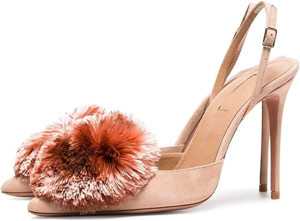 Divanne Pumps for Women,Puff Pompom High Heels Pointed Toe Slingback Pumps Stiletto Heel Sandals Evening Party Wedding Shoes