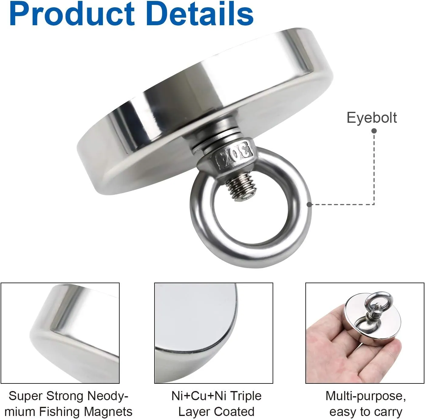 DIYMAG 2Pack 270 lbs(123 KG) Pulling Force Powerful Fishing Magnets,with Countersunk Hole Eyebolt, Diameter 1.88 inch(48 mm), for Retrieving in River and Magnetic Fishing