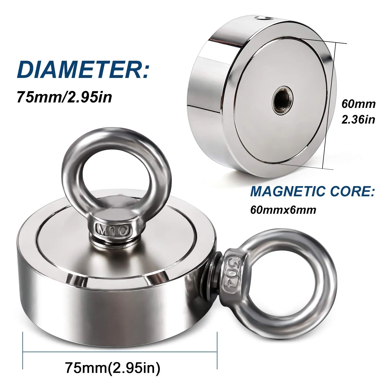 DIYMAG Strong Double Side Neodymium Fishing Magnets,1300 lbs(590KG) Pulling Force Rare Earth Magnet with 20m (65 Foot) Durable Rope and Protective Gloves,for Retrieving in River and Fishing