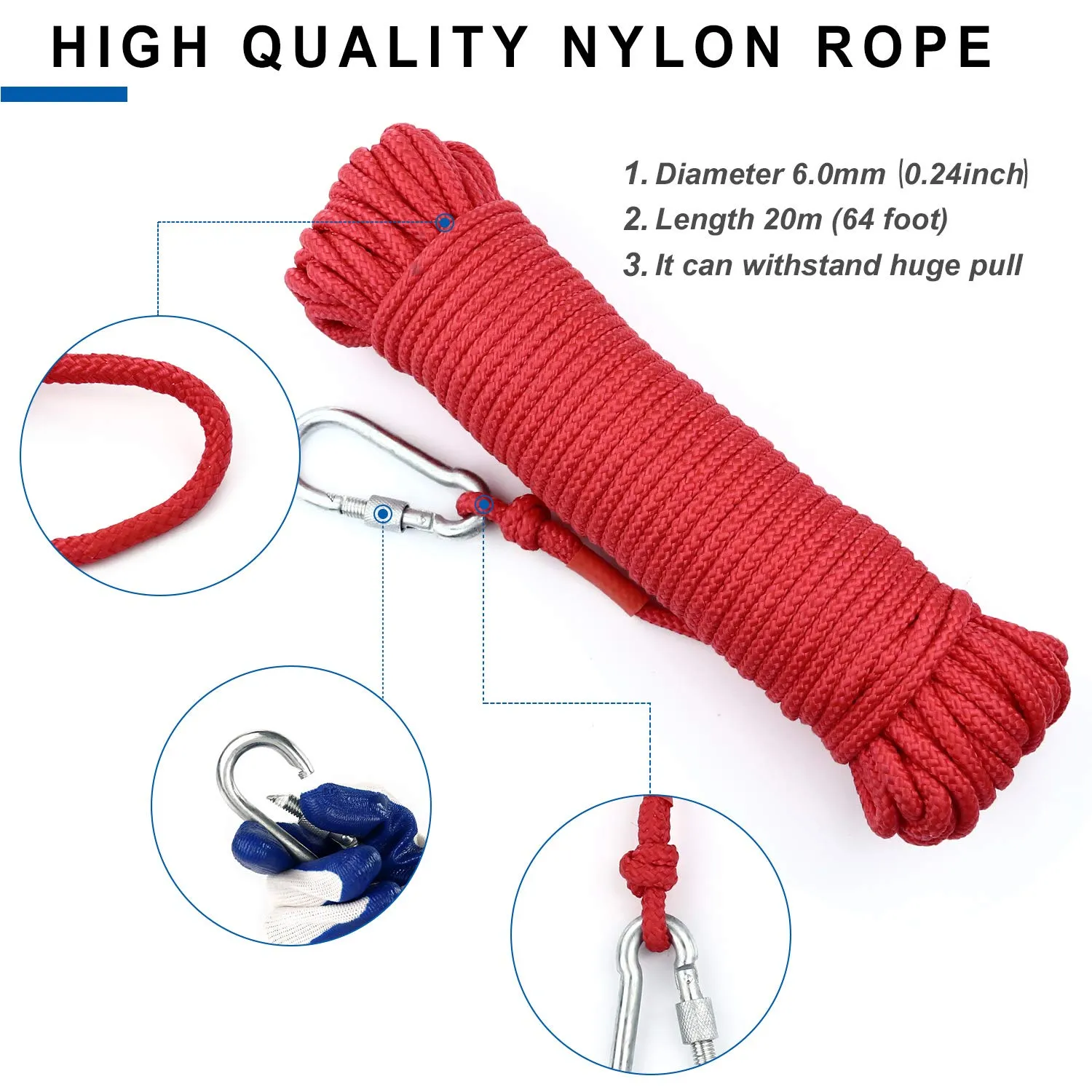DIYMAG Strong Double Side Neodymium Fishing Magnets,1300 lbs(590KG) Pulling Force Rare Earth Magnet with 20m (65 Foot) Durable Rope and Protective Gloves,for Retrieving in River and Fishing