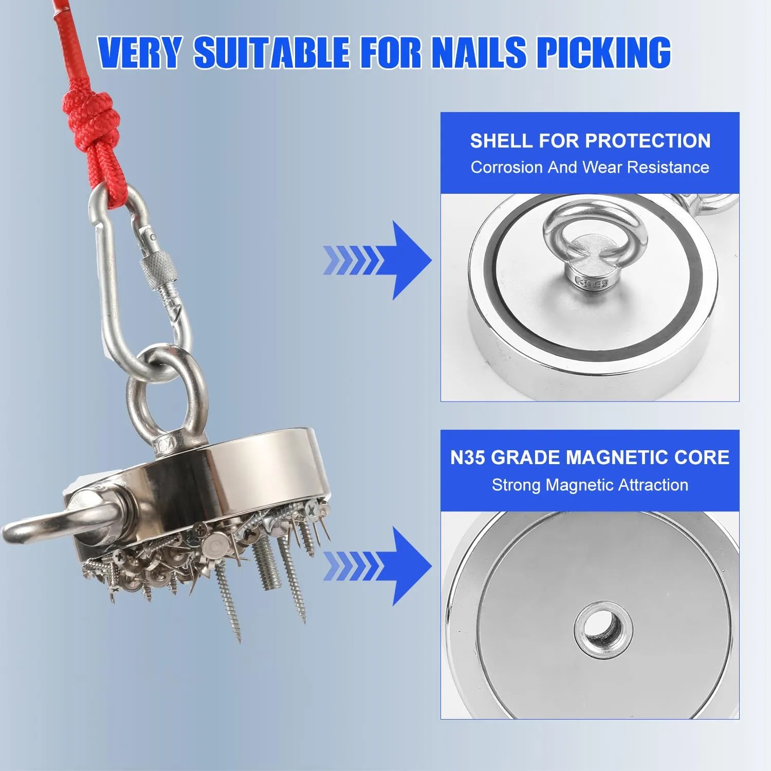 DIYMAG Strong Double Side Neodymium Fishing Magnets,1300 lbs(590KG) Pulling Force Rare Earth Magnet with 20m (65 Foot) Durable Rope and Protective Gloves,for Retrieving in River and Fishing