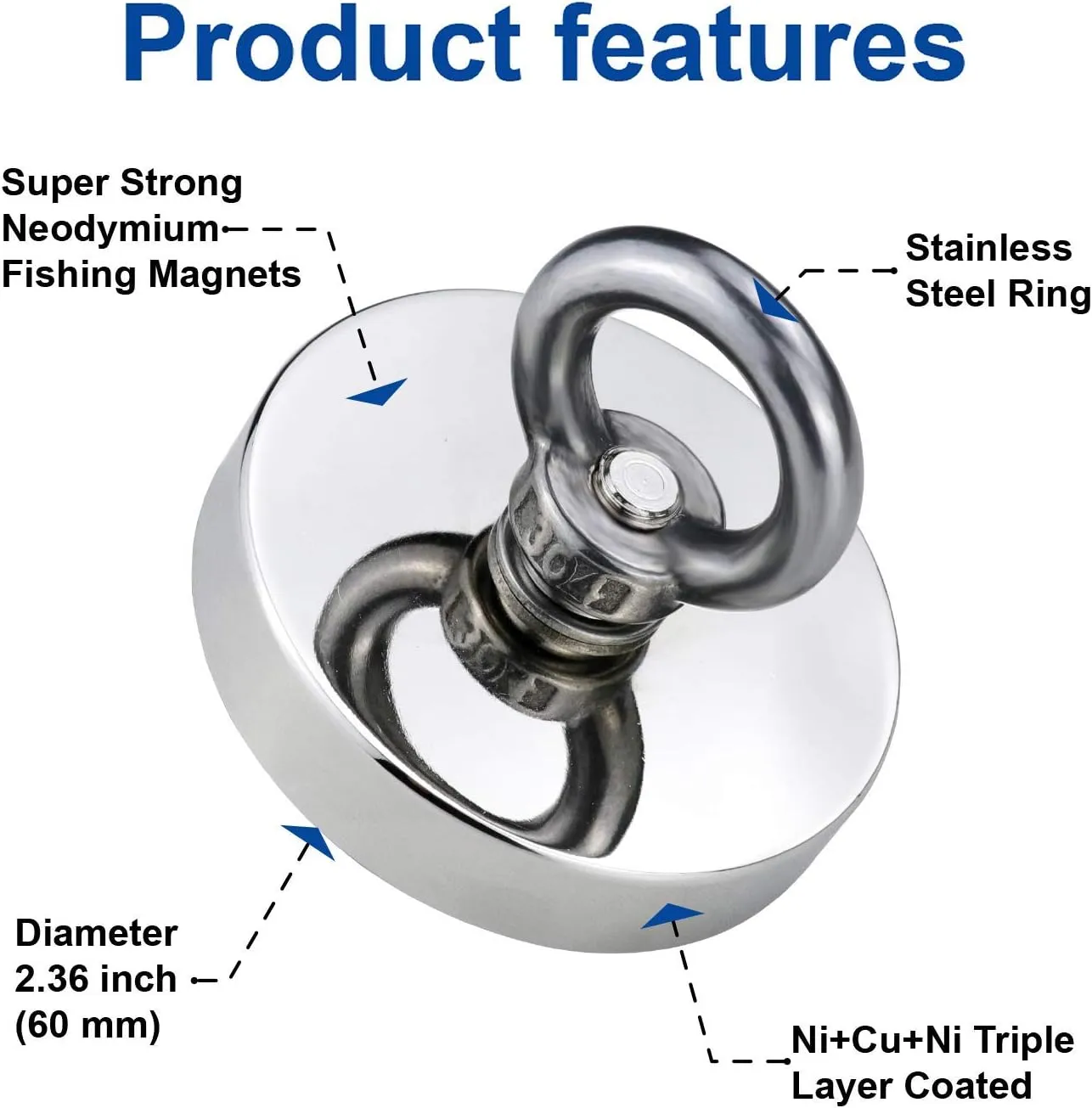 DIYMAG Super Strong Neodymium Fishing Magnets, 500 LBS(227 KG) Pulling Force Rare Earth Magnet with Countersunk Hole Eyebolt Diameter 2.36 INCH(60mm) for Retrieving in River and Magnetic Fishing