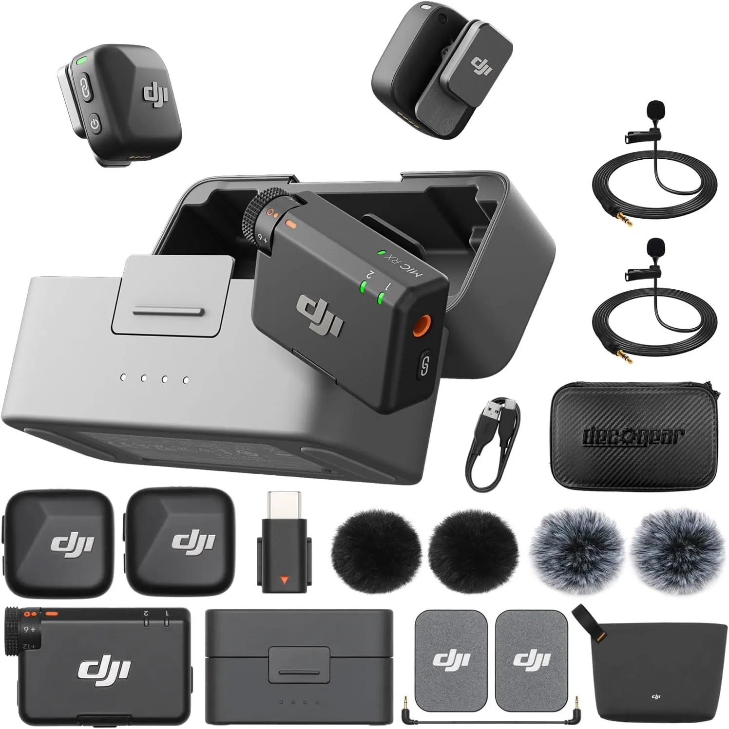 DJI Mic Mini (2 TX   1 RX   Charging Case) Wireless Lavalier Microphone, Ultralight, Noise Cancelling, Up to 48-Hour Battery Life Bundle with 2 x Deco Gear Lapel Microphone and 5" EVA Case