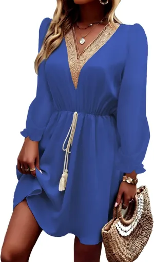 Dokotoo Womens V Neck Dresses Lantern Long Sleeve Lace Trim Midi Dress Tassel Belt Shirt Dress