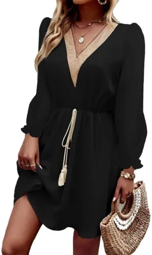 Dokotoo Womens V Neck Dresses Lantern Long Sleeve Lace Trim Midi Dress Tassel Belt Shirt Dress