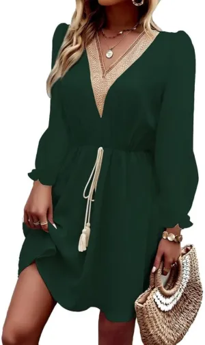 Dokotoo Womens V Neck Dresses Lantern Long Sleeve Lace Trim Midi Dress Tassel Belt Shirt Dress
