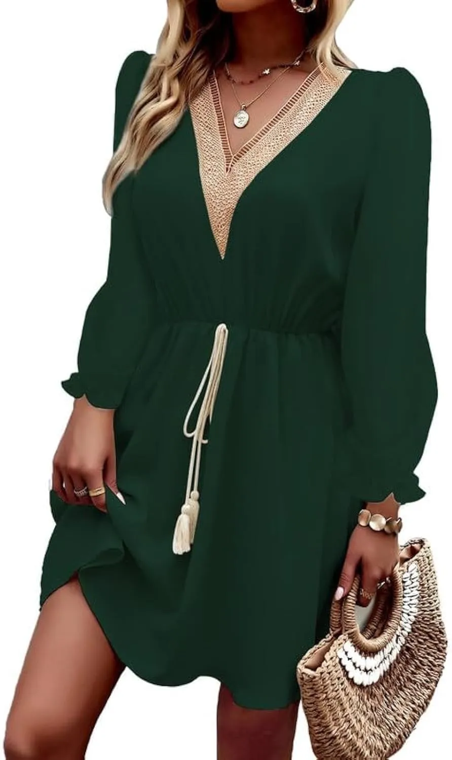 Dokotoo Womens V Neck Dresses Lantern Long Sleeve Lace Trim Midi Dress Tassel Belt Shirt Dress