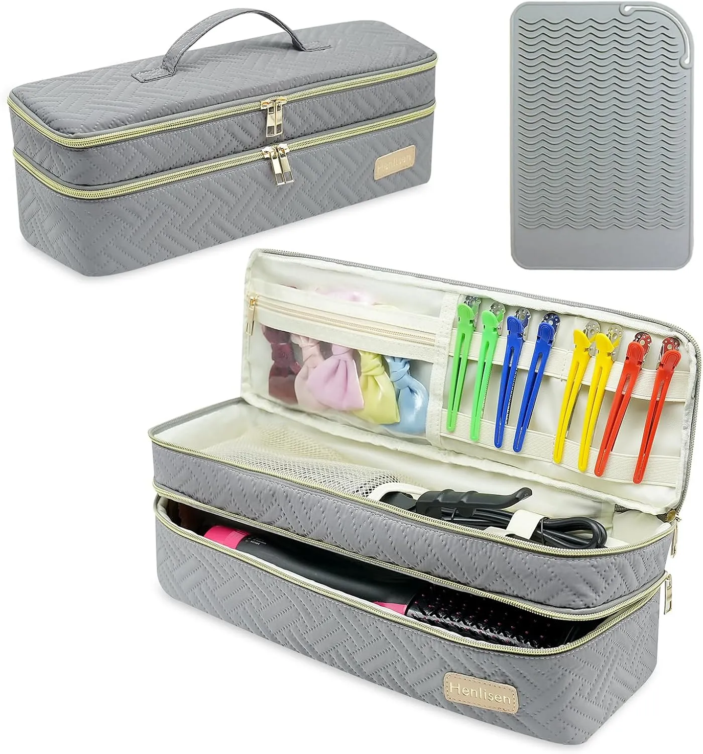 Double-layer Hair Tools Travel Bag and Heat Resistant Mat for Revlon One-Step Hair Dryer, Volumizer, Styler, Flat Irons, Straighteners, Curling Iron, and Haircare Accessories (Gray)