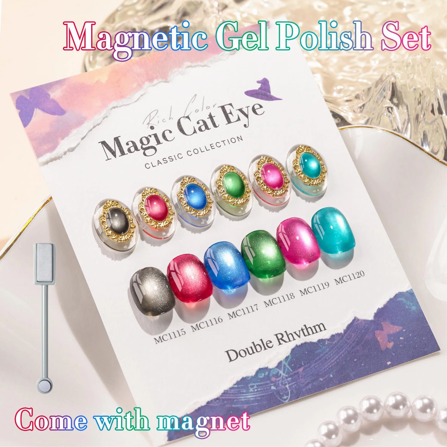 Double Rhythm 6 Colors Cat Eye Gel Polish Set Shimmer Glitter with Magnet Holographic Reflective Magnetic UV Polish Art Kit (6-Kit 41)