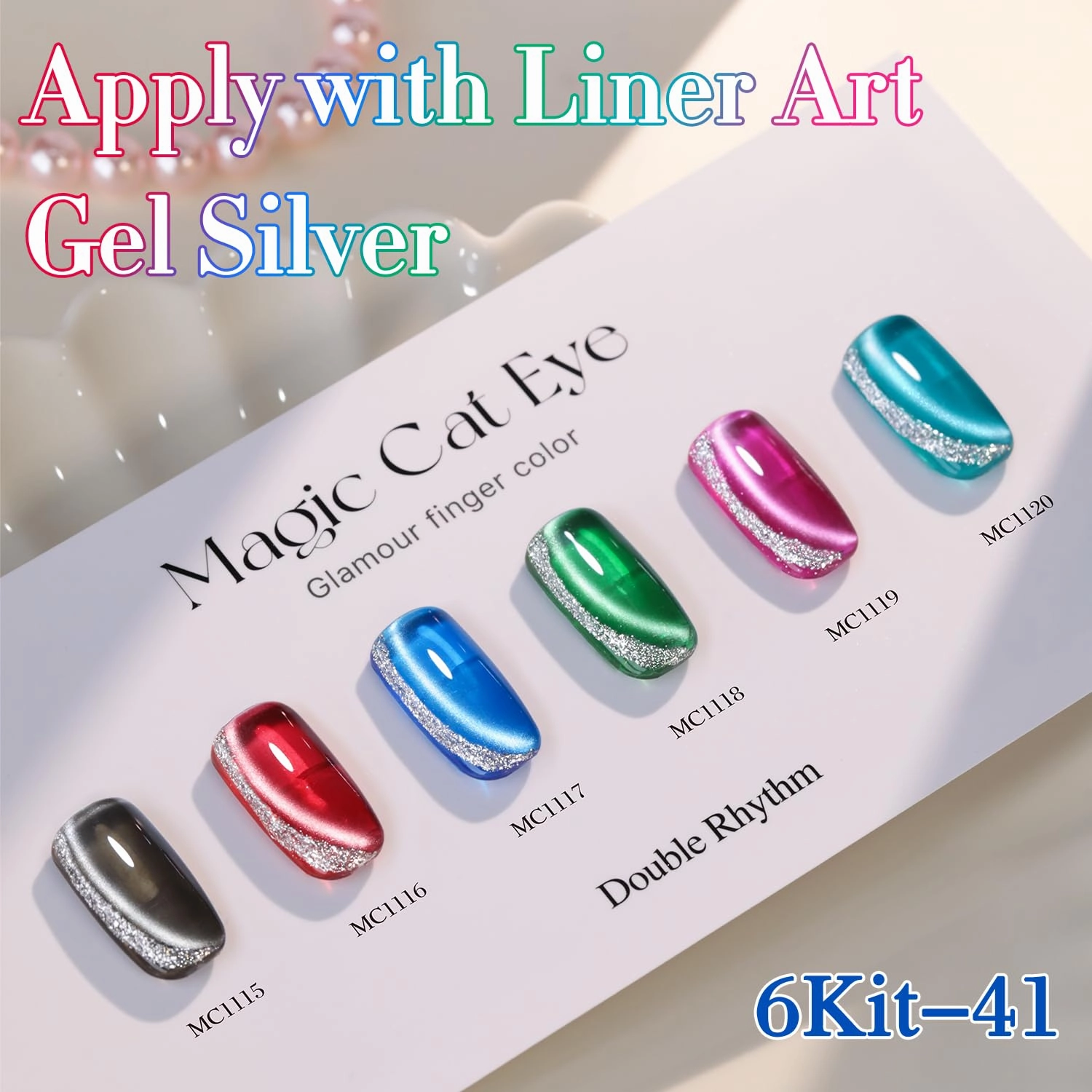 Double Rhythm 6 Colors Cat Eye Gel Polish Set Shimmer Glitter with Magnet Holographic Reflective Magnetic UV Polish Art Kit (6-Kit 41)