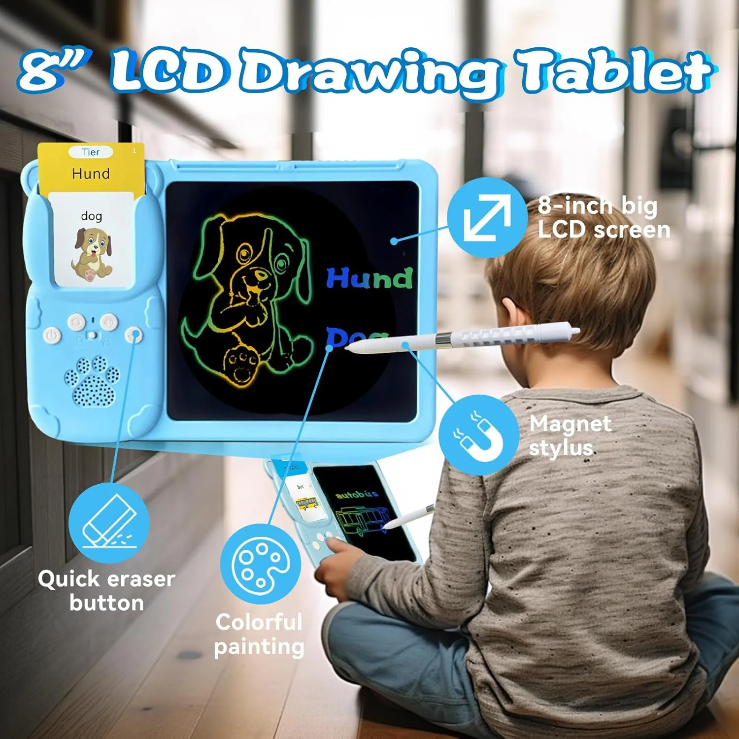 Drawing Writing Tablet for Toddlers - Talking English German Flash Cards for Kids 3-12, Bilingual Sensory Toys for Autistic Children, 510 Sight Words, Travel Activity for 4 Year Old (Blue)