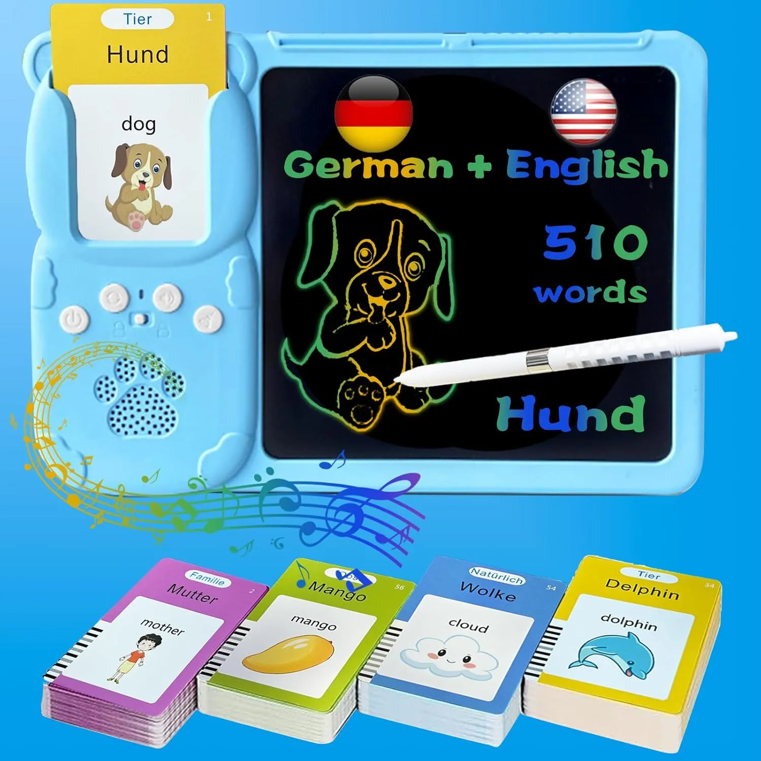 Drawing Writing Tablet for Toddlers - Talking English German Flash Cards for Kids 3-12, Bilingual Sensory Toys for Autistic Children, 510 Sight Words, Travel Activity for 4 Year Old (Blue)
