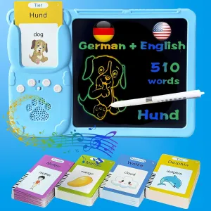 Drawing Writing Tablet for Toddlers - Talking English German Flash Cards for Kids 3-12, Bilingual Sensory Toys for Autistic Children, 510 Sight Words, Travel Activity for 4 Year Old (Blue)