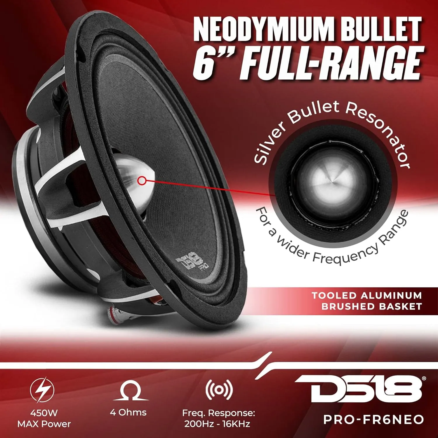 DS18 PRO-FR6NEO 6.5" Full-Range Loudspeaker - Silver Aluminum Bullet, 450W Max, 225W RMS, 4-Ohms, Grill Included, Neodymium Magnet - Best Fullrange Car Audio Door Speaker (1 Speaker)
