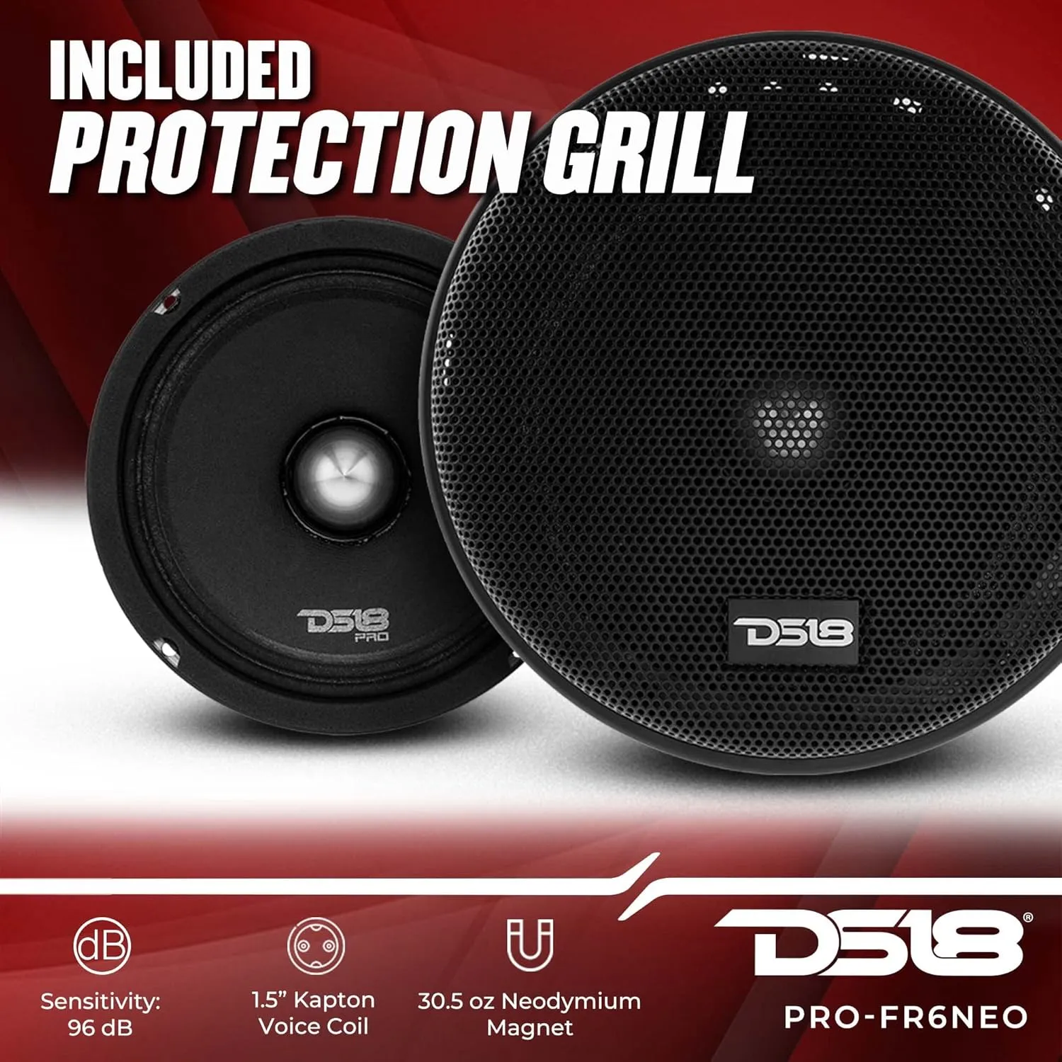 DS18 PRO-FR6NEO 6.5" Full-Range Loudspeaker - Silver Aluminum Bullet, 450W Max, 225W RMS, 4-Ohms, Grill Included, Neodymium Magnet - Best Fullrange Car Audio Door Speaker (1 Speaker)