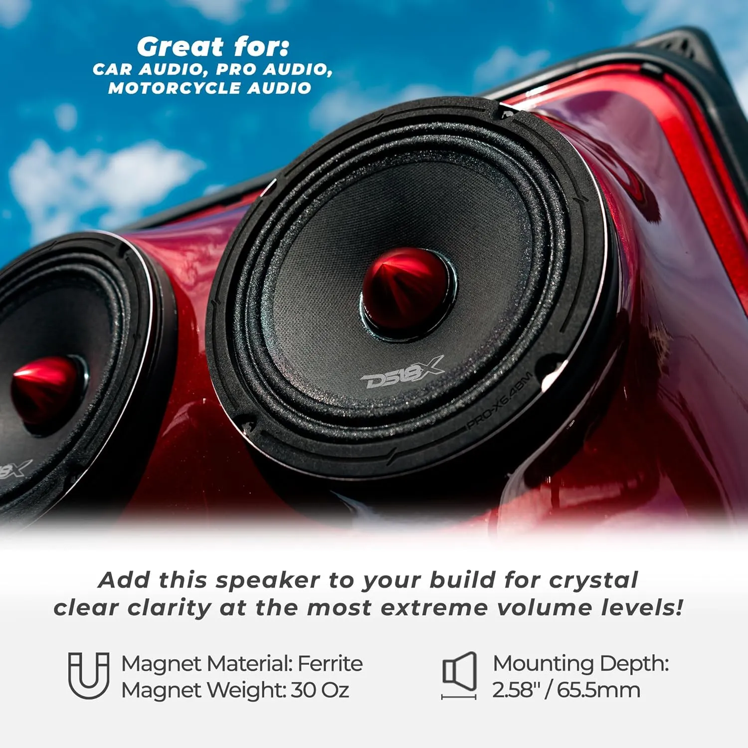 DS18 PRO-X6.4BM 6.5” Mid-Range Loudspeaker with Bullet 250 Watts RMS, 500 Watts Max Power, 4-Ohm - 6.5 inch Car Speakers for Pro Audio Builds